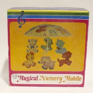 1970s Dolly Toy Nursery Mobile, Musical, Umbrella, Cute Animals ~ 260128-WH 1300
